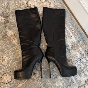 Saint Laurent Black Leather Platform Knee-High Heeled Boots